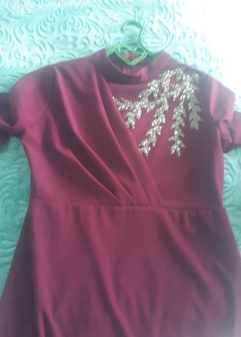 Bordo İşlemeli Drapeli Uzun Abiye Elbise - Görsel 6