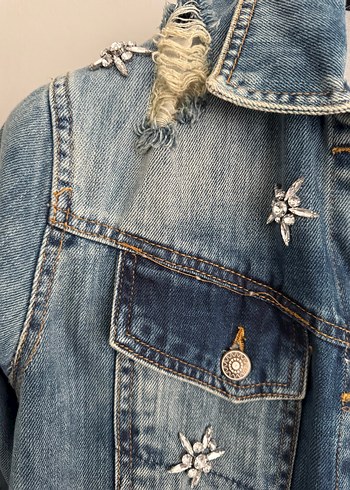 Taş detaylı Mavi Uzun Denim Ceket - Görsel 3