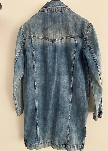 Taş detaylı Mavi Uzun Denim Ceket - Görsel 4