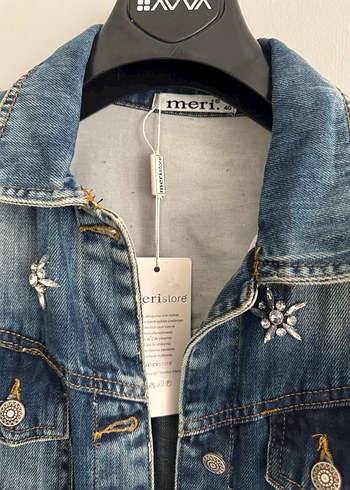 Taş detaylı Mavi Uzun Denim Ceket - Görsel 2