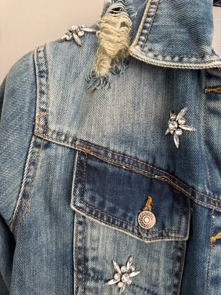 Taş detaylı Mavi Uzun Denim Ceket - Görsel 3