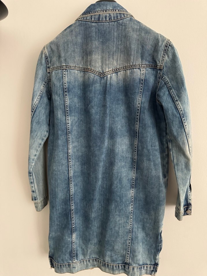 Taş detaylı Mavi Uzun Denim Ceket - Görsel 4