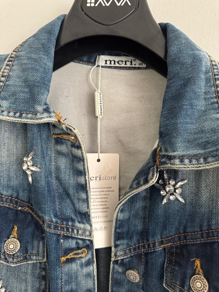 Taş detaylı Mavi Uzun Denim Ceket - Görsel 2