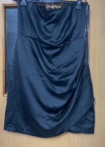 Drapeli Straplez Midi saten Kadın Elbise - Görsel 2