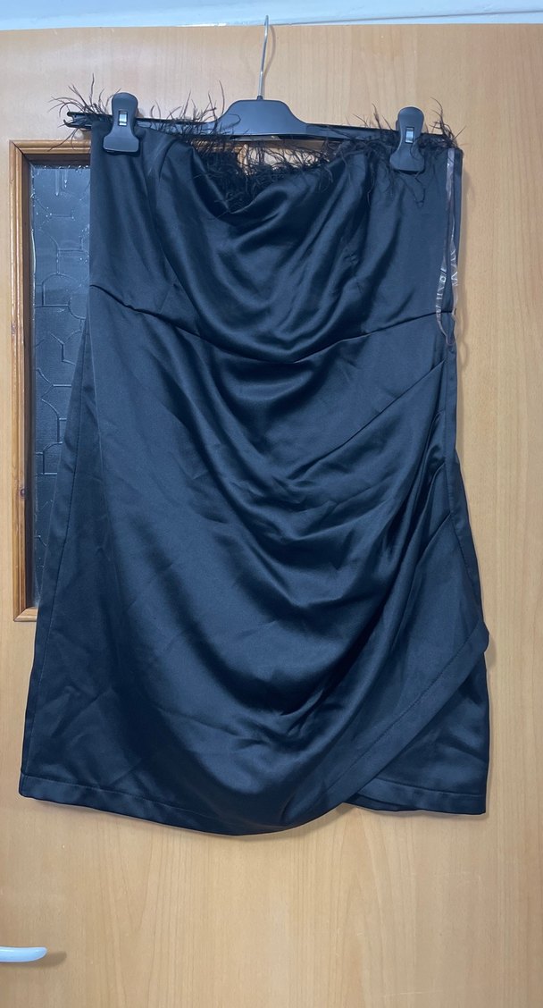 Drapeli Straplez Midi saten Kadın Elbise - Görsel 2