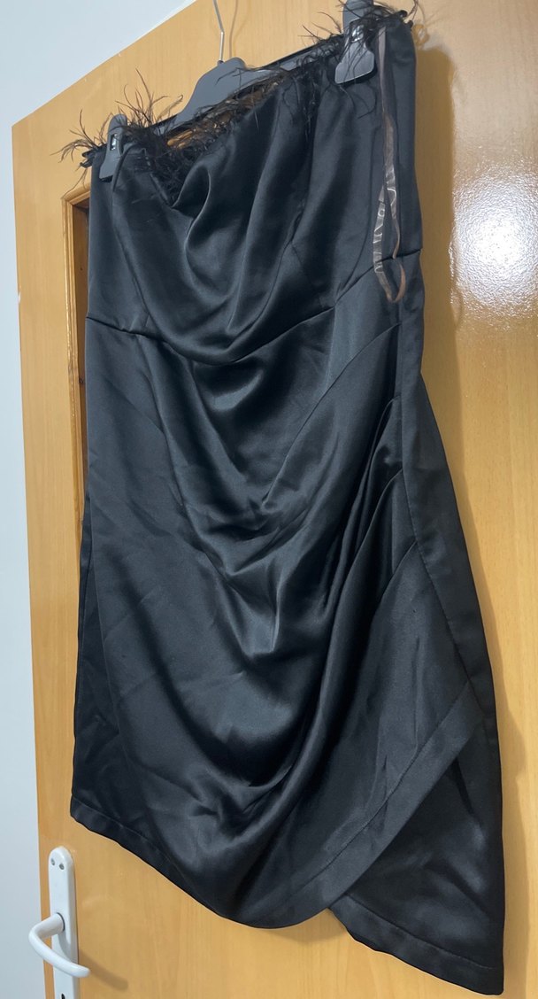 Drapeli Straplez Midi saten Kadın Elbise - Görsel 3