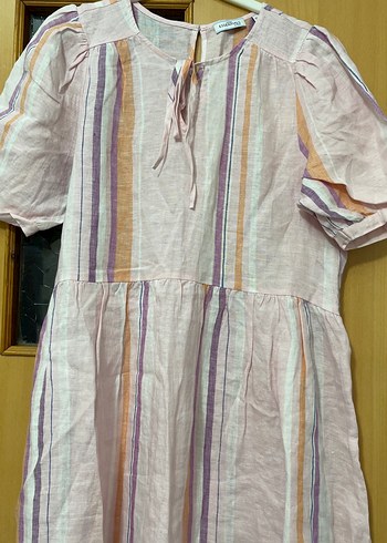 Bohem Çok Renkli Midi Keten Elbise - Görsel 3