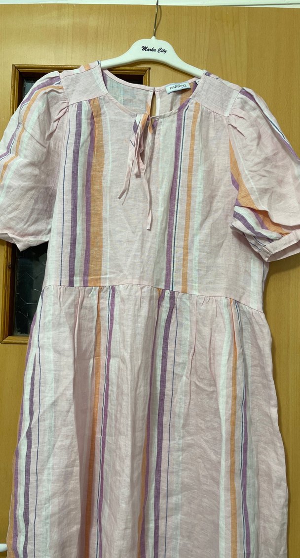 Bohem Çok Renkli Midi Keten Elbise - Görsel 3