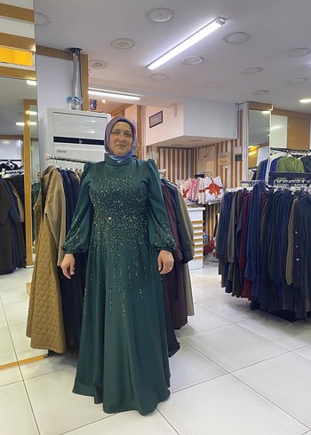 Uzun Kol Drapeli Parlak Yeşil Abiye Elbise - Görsel 3