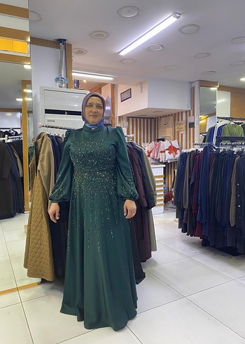 Uzun Kol Drapeli Parlak Yeşil Abiye Elbise - Görsel 6