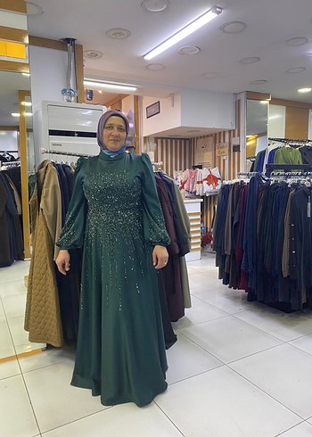 Uzun Kol Drapeli Parlak Yeşil Abiye Elbise - Görsel 5