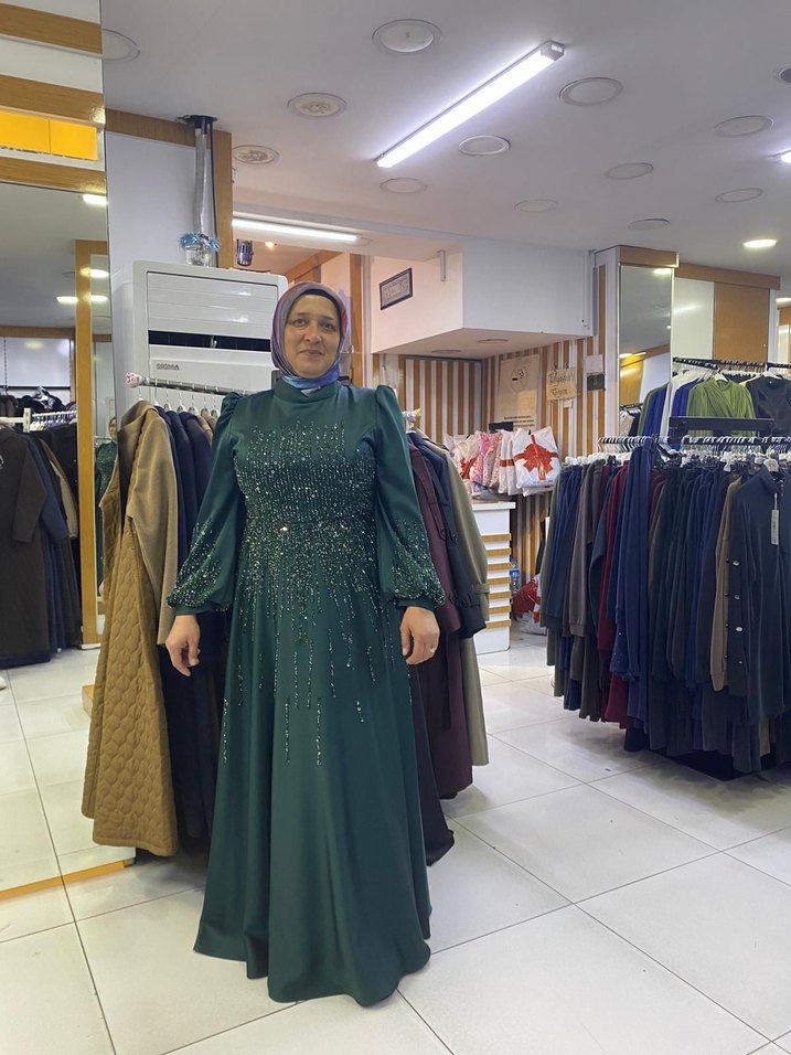 Uzun Kol Drapeli Parlak Yeşil Abiye Elbise - Görsel 2