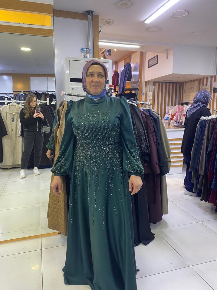 Uzun Kol Drapeli Parlak Yeşil Abiye Elbise - Görsel 4