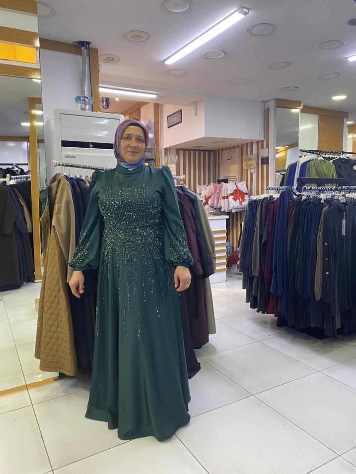 Uzun Kol Drapeli Parlak Yeşil Abiye Elbise - Görsel 5