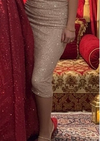 Bej Parlak Drapeli Uzun Abiye Elbise - Görsel 2