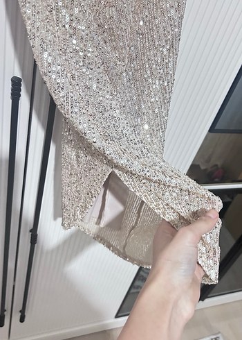 Bej Parlak Drapeli Uzun Abiye Elbise - Görsel 7