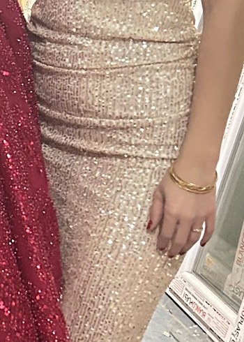 Bej Parlak Drapeli Uzun Abiye Elbise - Görsel 3