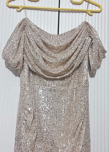 Bej Parlak Drapeli Uzun Abiye Elbise - Görsel 4