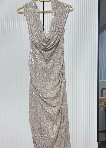 Bej Parlak Drapeli Uzun Abiye Elbise - Görsel 5