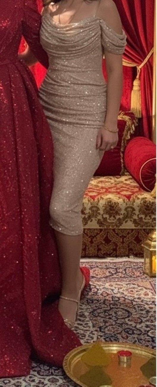 Bej Parlak Drapeli Uzun Abiye Elbise - Görsel 2