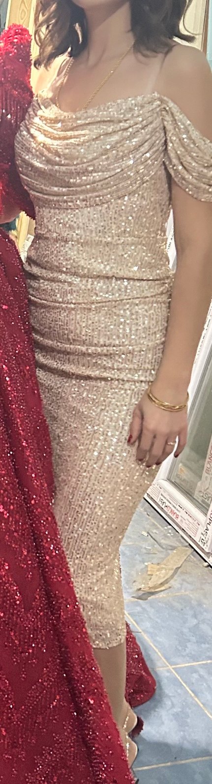 Bej Parlak Drapeli Uzun Abiye Elbise - Görsel 3