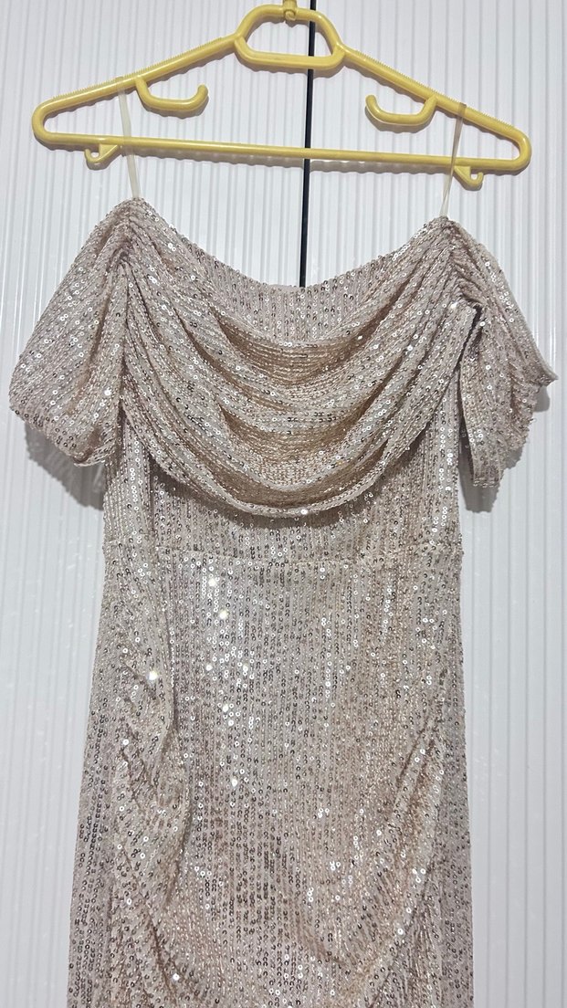 Bej Parlak Drapeli Uzun Abiye Elbise - Görsel 4