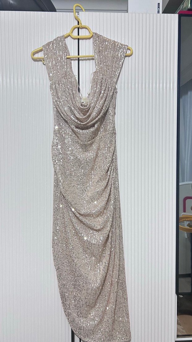 Bej Parlak Drapeli Uzun Abiye Elbise - Görsel 5