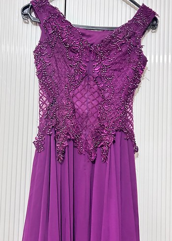 Mürdüm Nakışlı Uzun Abiye Elbise - Görsel 4