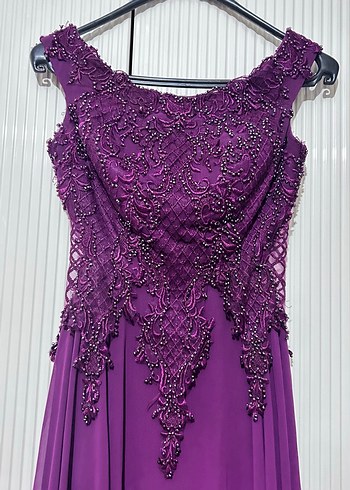 Mürdüm Nakışlı Uzun Abiye Elbise - Görsel 2