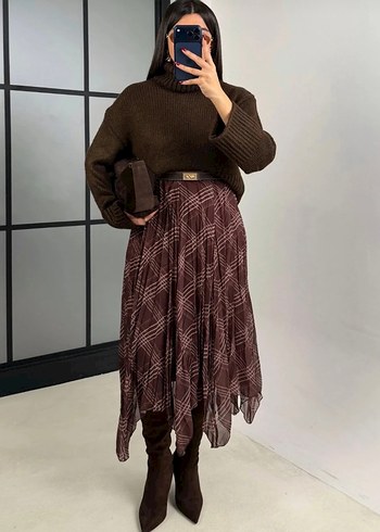 Kadın Kahverengi Midi Triko Etek - Görsel 3