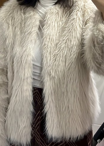 Kadın bej Tüylü Midi Peluş Ceket - Görsel 3