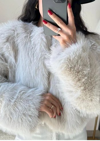 Kadın bej Tüylü Midi Peluş Ceket - Görsel 2