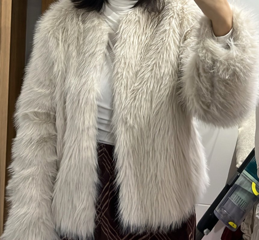 Kadın bej Tüylü Midi Peluş Ceket - Görsel 3