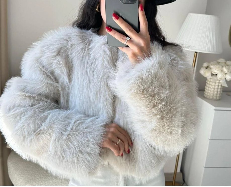 Kadın bej Tüylü Midi Peluş Ceket - Görsel 2