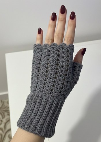 Gri El Örgüsü Kadın Yarım Eldiven Vintage Eldiven - Görsel 4