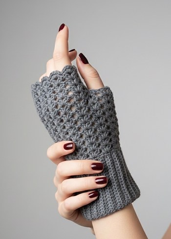 Gri El Örgüsü Kadın Yarım Eldiven Vintage Eldiven - Görsel 2