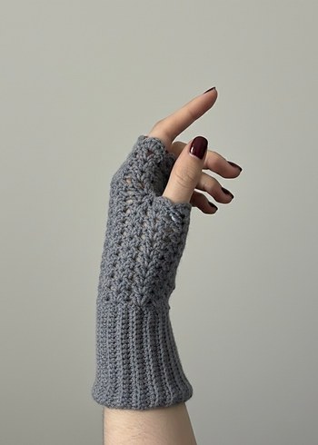 Gri El Örgüsü Kadın Yarım Eldiven Vintage Eldiven - Görsel 3