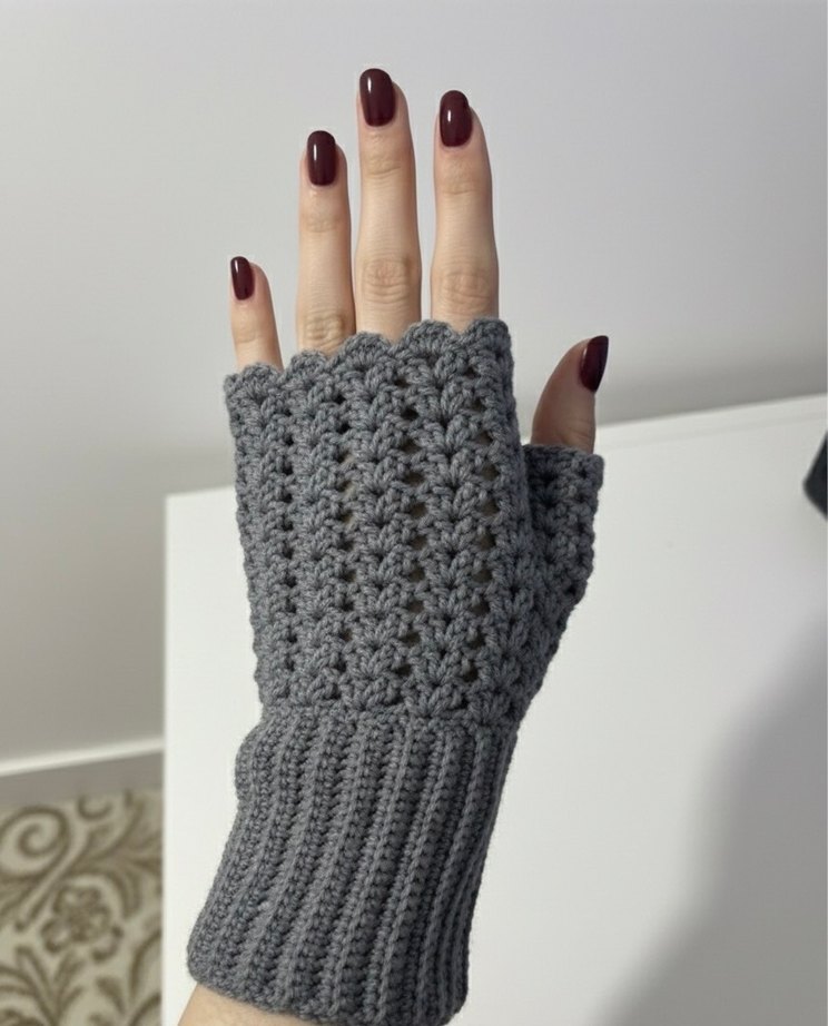 Gri El Örgüsü Kadın Yarım Eldiven Vintage Eldiven - Görsel 5
