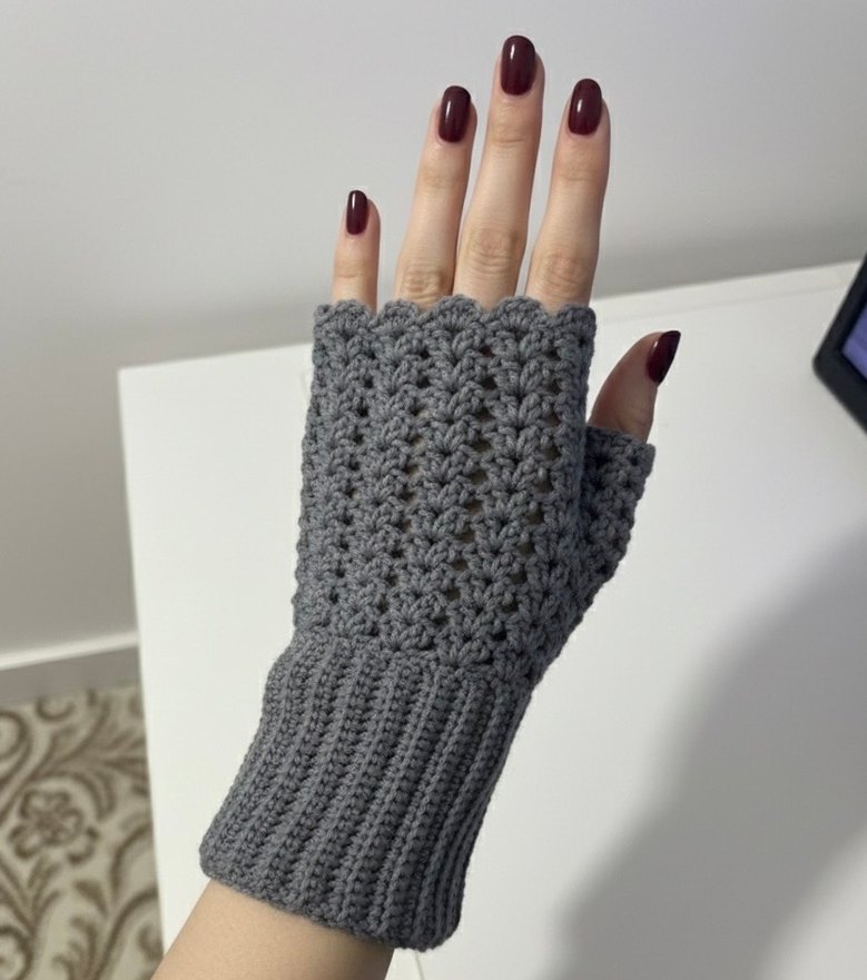Gri El Örgüsü Kadın Yarım Eldiven Vintage Eldiven - Görsel 4
