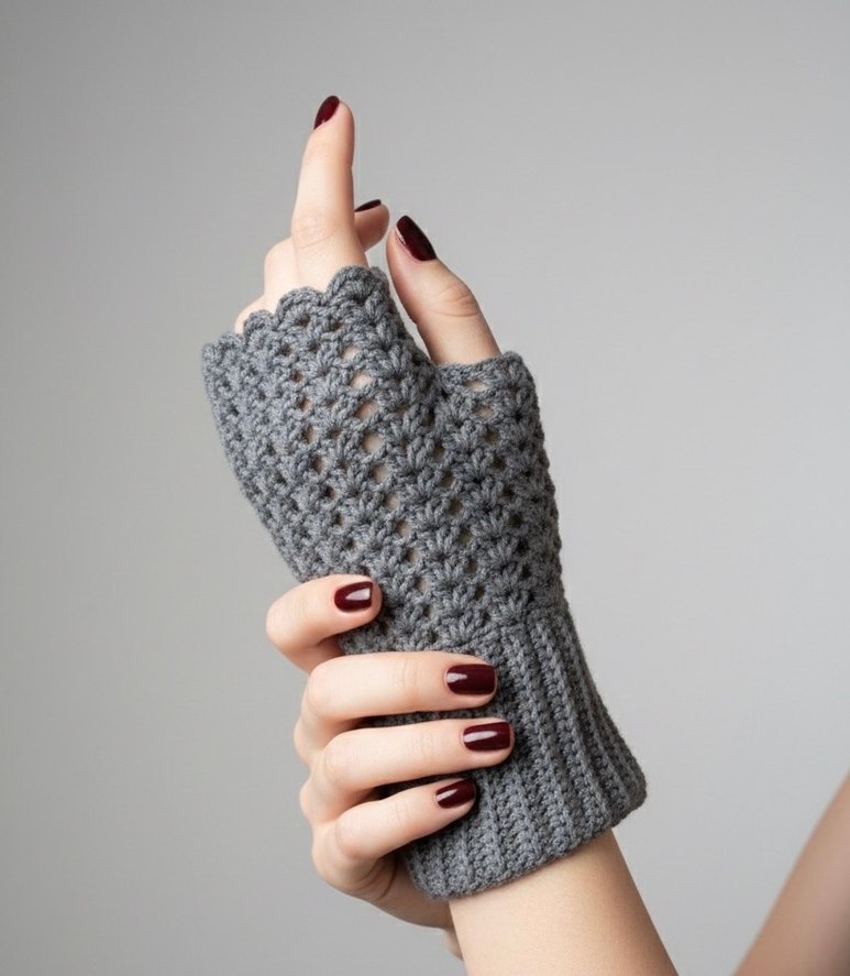 Gri El Örgüsü Kadın Yarım Eldiven Vintage Eldiven - Görsel 2