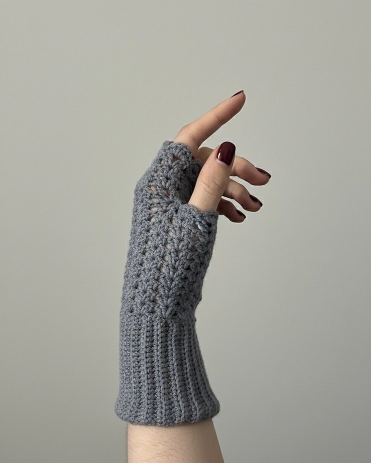Gri El Örgüsü Kadın Yarım Eldiven Vintage Eldiven - Görsel 3