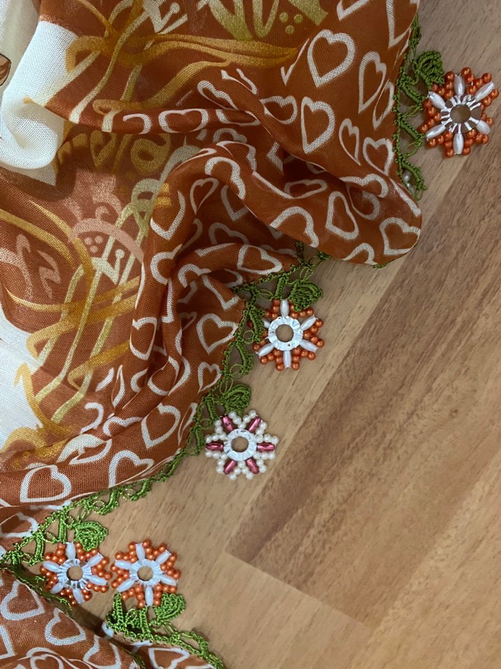 Bohem Çiçek Desenli Kahverengi Kadın Fular - Görsel 2