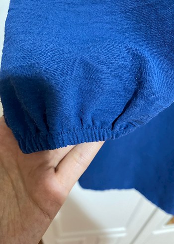 Düğmeli Mavi Keten Kadın Tunik - Görsel 6