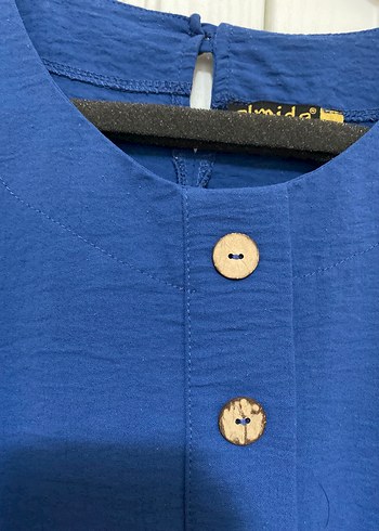 Düğmeli Mavi Keten Kadın Tunik - Görsel 5