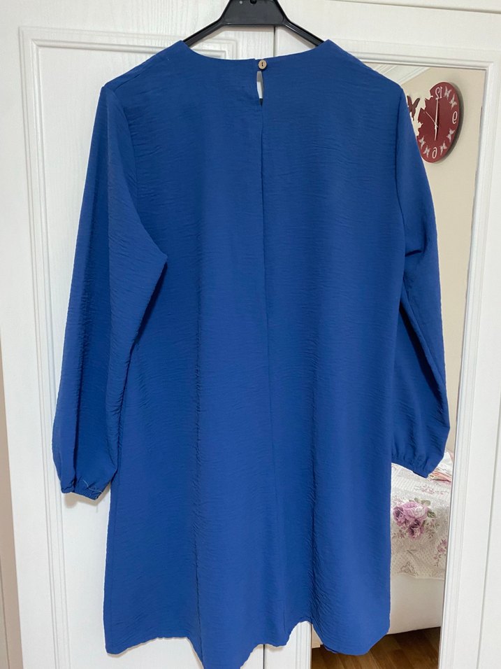 Düğmeli Mavi Keten Kadın Tunik - Görsel 3