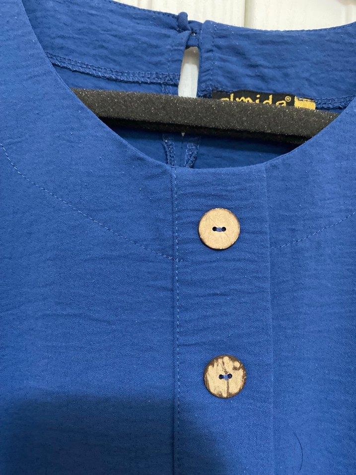 Düğmeli Mavi Keten Kadın Tunik - Görsel 5