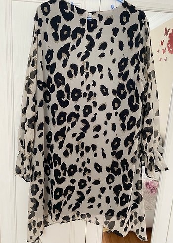Gri Leopar Desenli Salaş Midi Tunik