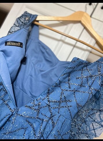 Mavi renkli 3/4 kollu midi gece elbisesi - Görsel 5