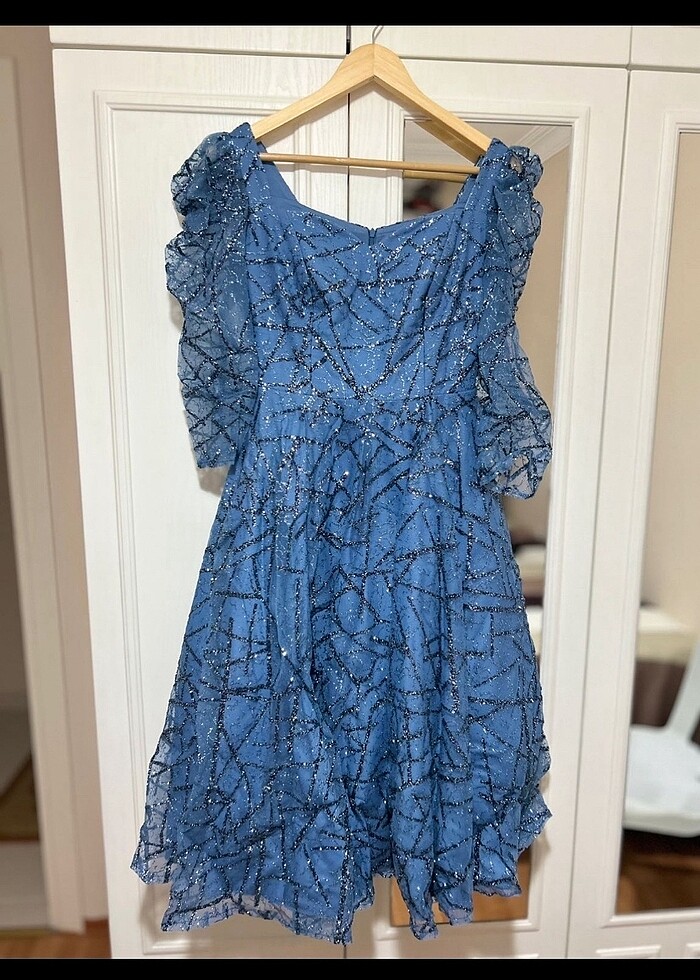 Mavi renkli 3/4 kollu midi gece elbisesi - Görsel 3