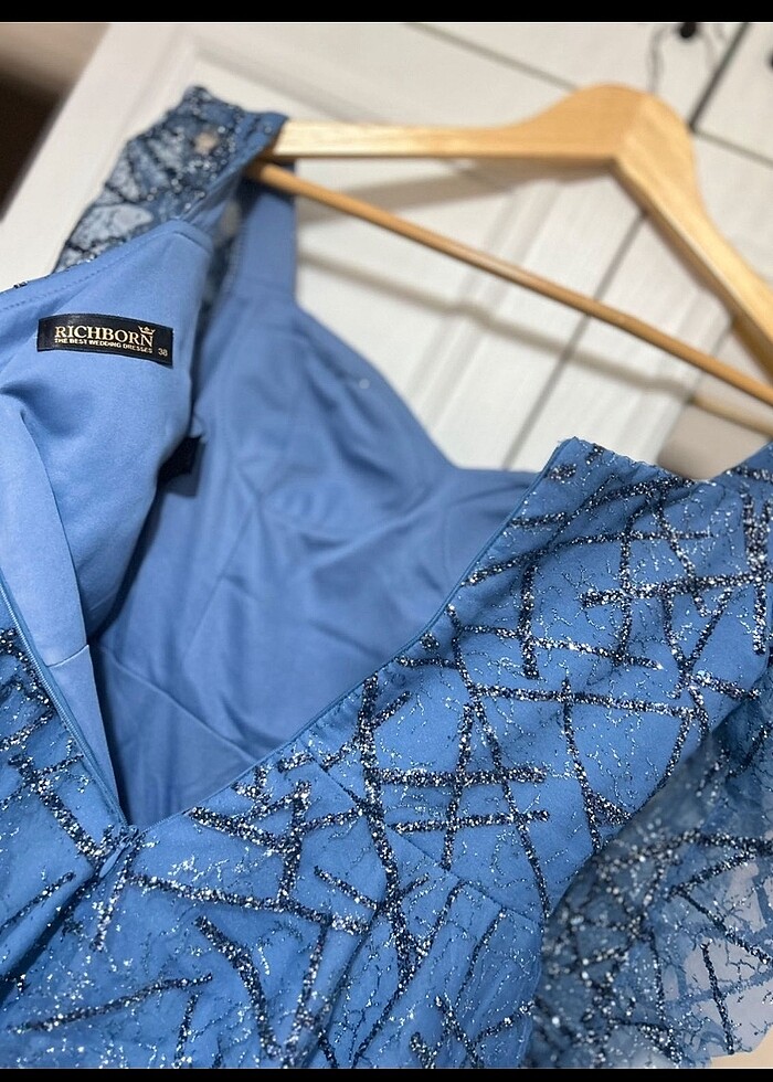 Mavi renkli 3/4 kollu midi gece elbisesi - Görsel 5